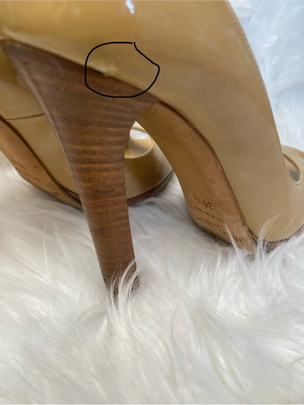 Jimmy Choo Nude Patent Leather Peep-Toe Pumps with Wooden Heels. Authentic - Picture 11 of 17